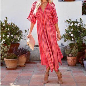 Embroidered Striped Pink Boho Flowy Maxi Dress